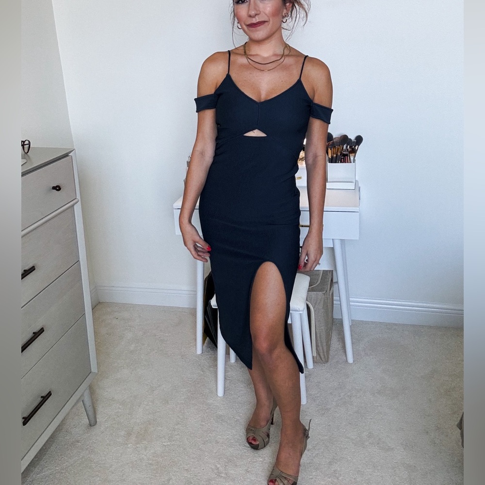 Top shop navy off shoulder midi dress with front slit - size 4